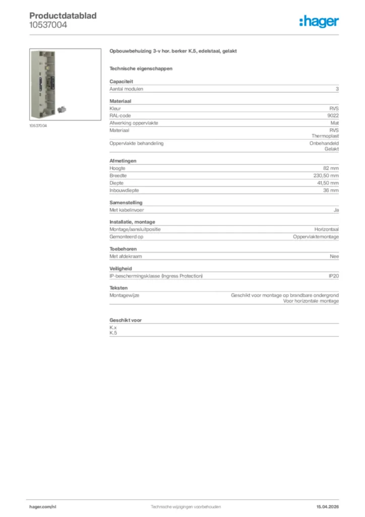 Afbeelding Hager Productdatablad 10537004 | Hager Nederland