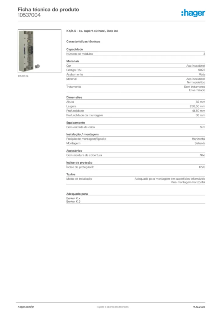 Imagem Hager Ficha técnica do produto 10537004 | Hager Portugal