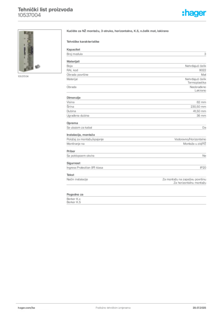 Slika Hager Product data sheet 10537004  | Hager