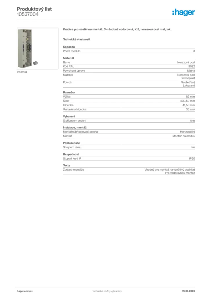 Obrázek Hager Product data sheet 10537004 | Hager