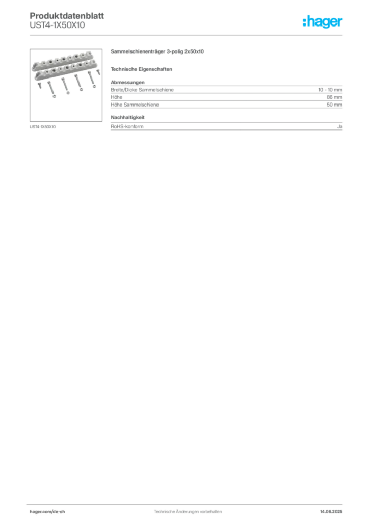 Bild Hager Produktdatenblatt UST4-1X50X10 | Hager Schweiz