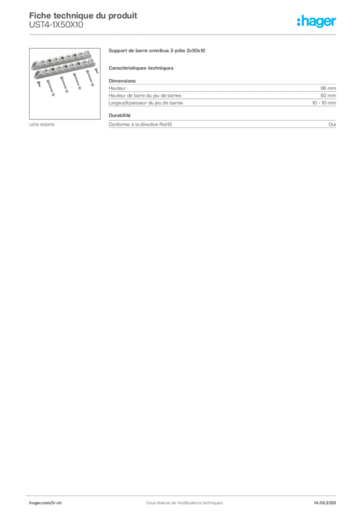 Image Hager Fiche technique du produit UST4-1X50X10 | Hager Suisse