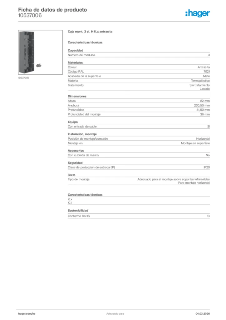 Imagen Hager Ficha de datos de producto 10537006 | Hager España