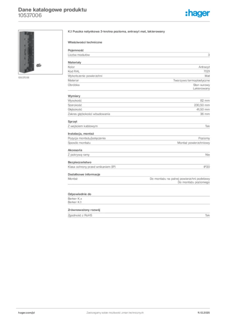 Zdjęcie Hager Dane katalogowe produktu 10537006 | Hager Polska