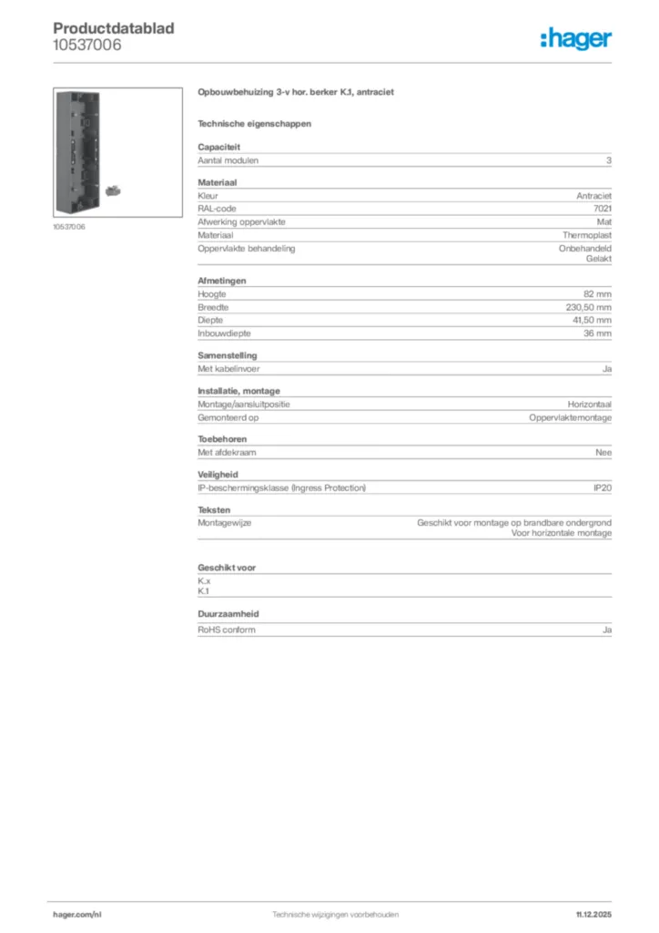 Afbeelding Hager Productdatablad 10537006 | Hager Nederland