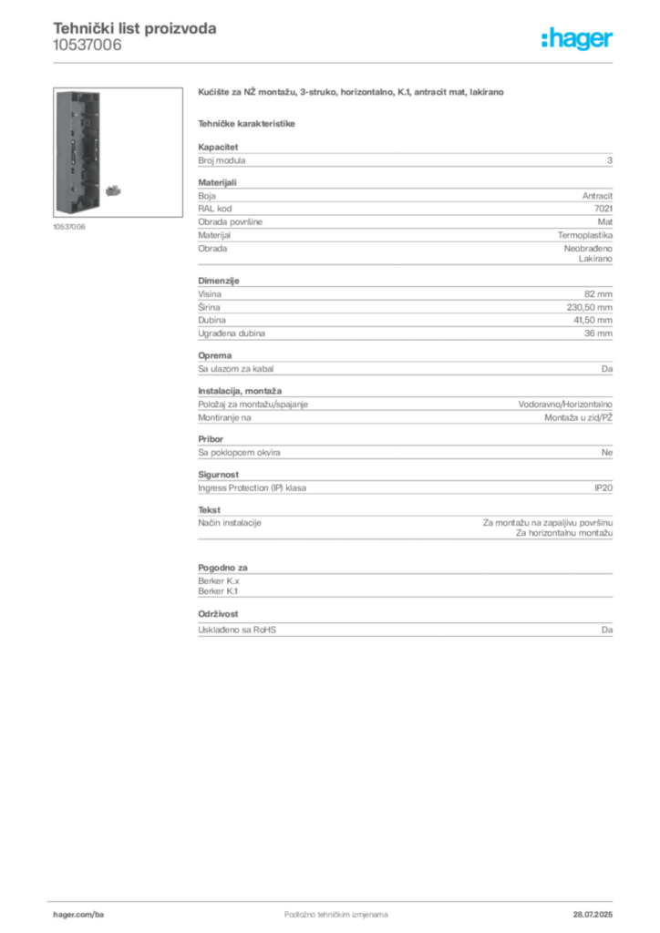 Slika Hager Product data sheet 10537006  | Hager