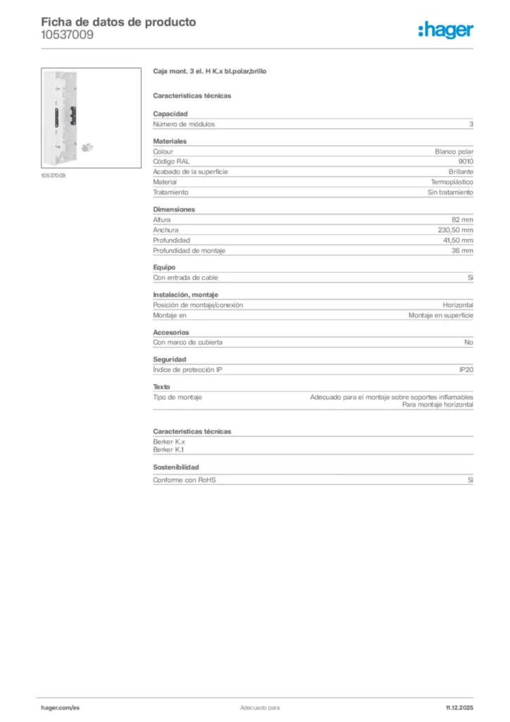 Imagen Hager Ficha de datos de producto 10537009 | Hager España