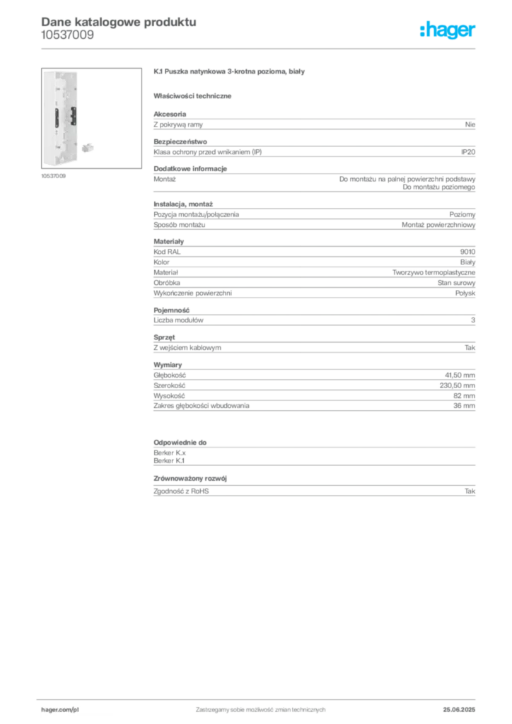 Zdjęcie Hager Dane katalogowe produktu 10537009 | Hager Polska