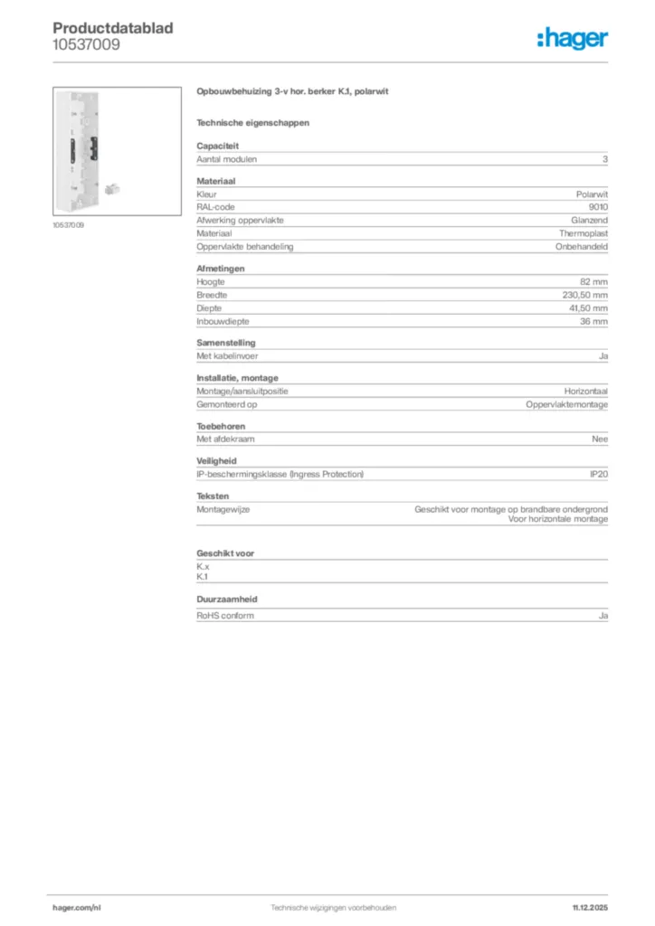 Afbeelding Hager Productdatablad 10537009 | Hager Nederland
