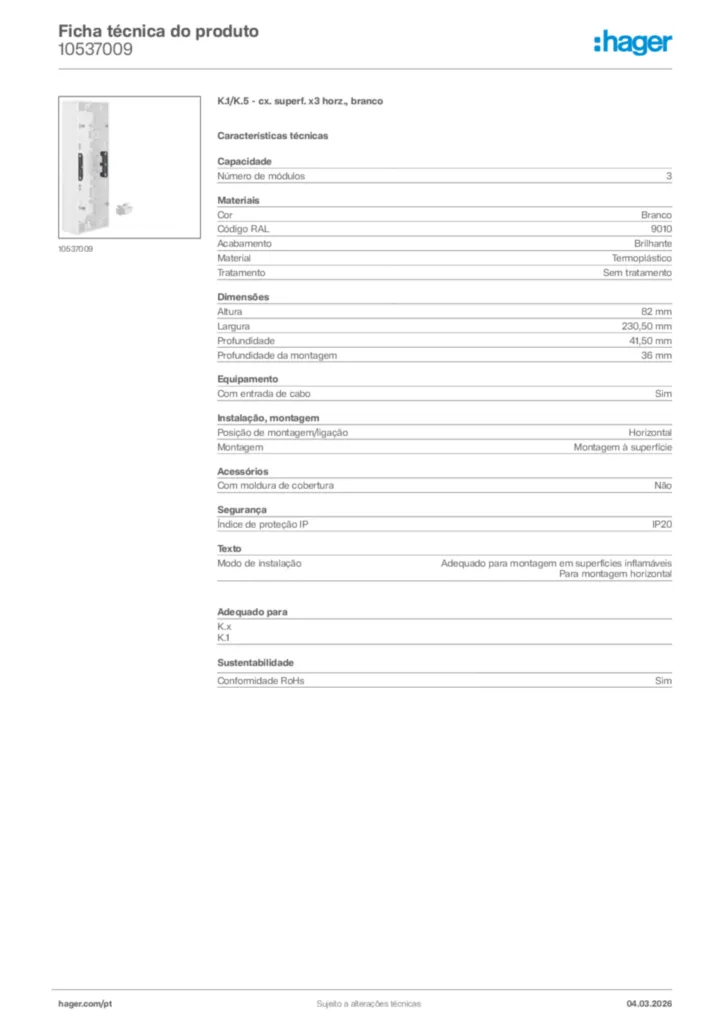Imagem Hager Ficha técnica do produto 10537009 | Hager Portugal