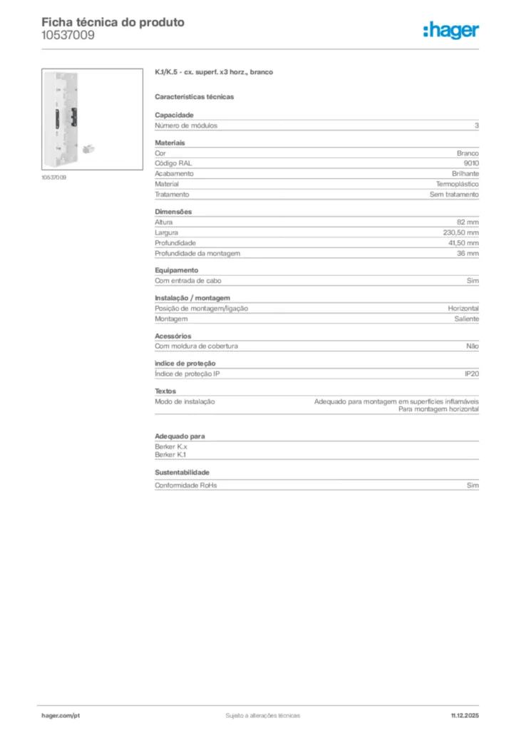 Imagem Hager Ficha técnica do produto 10537009 | Hager Portugal