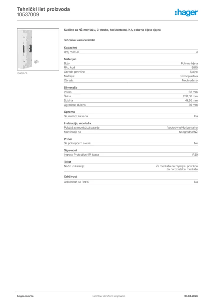 Slika Hager Tehnički list proizvoda 10537009  | Hager
