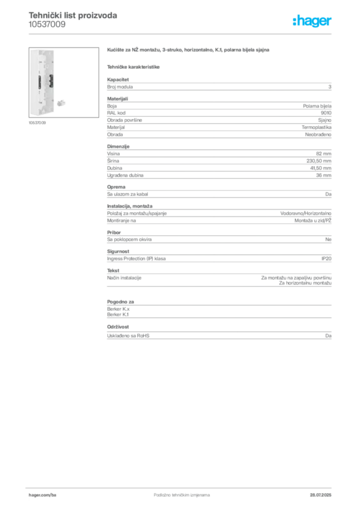Slika Hager Product data sheet 10537009  | Hager