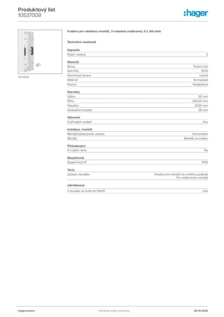Obrázek Hager Product data sheet 10537009 | Hager