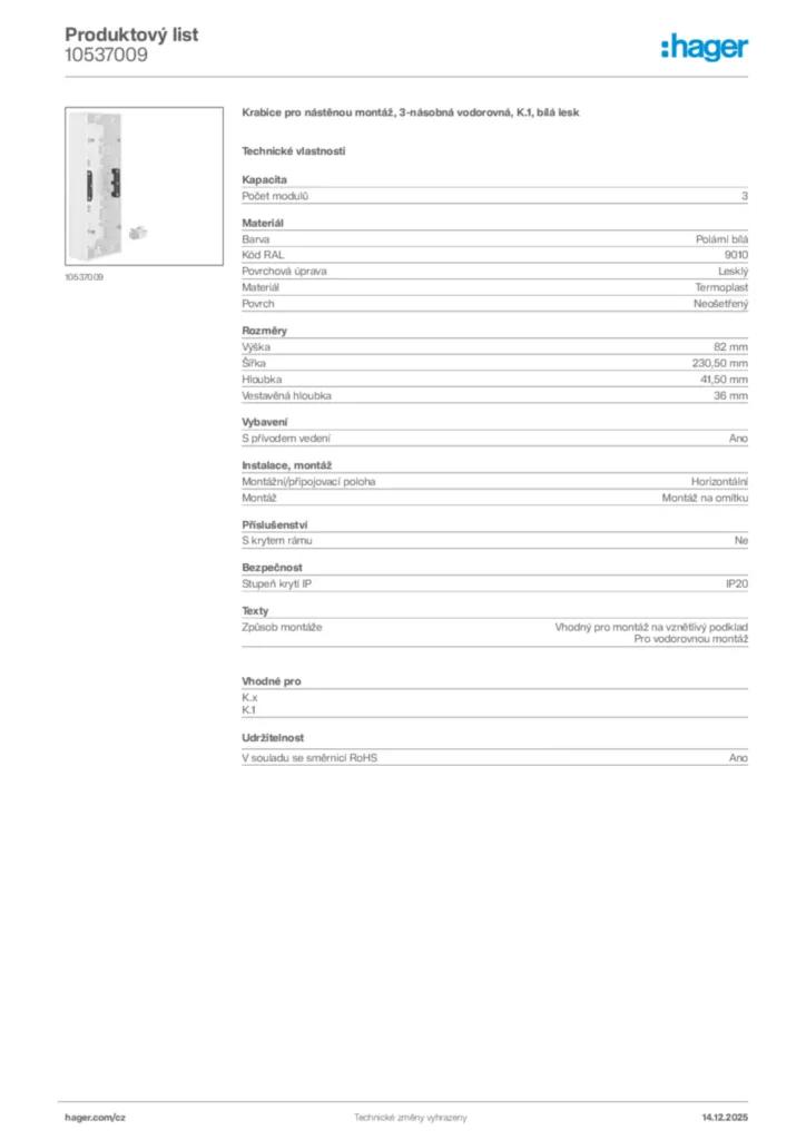 Obrázek Hager Produktový list 10537009 | Hager