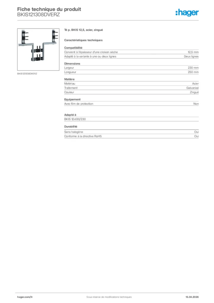 Image Hager Fiche technique du produit BKIS121308DVERZ | Hager France