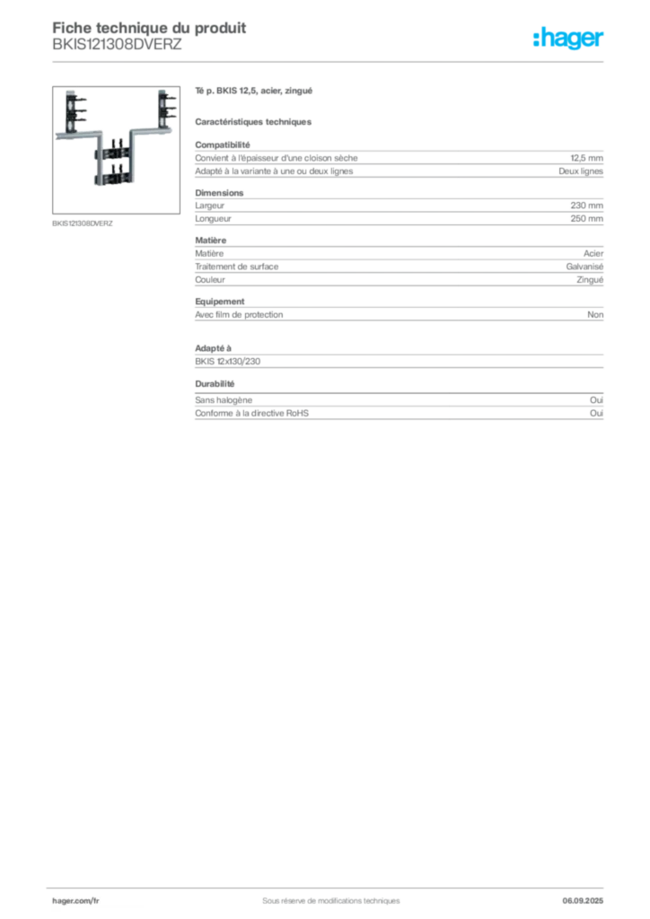 Image Hager Fiche technique du produit BKIS121308DVERZ | Hager France
