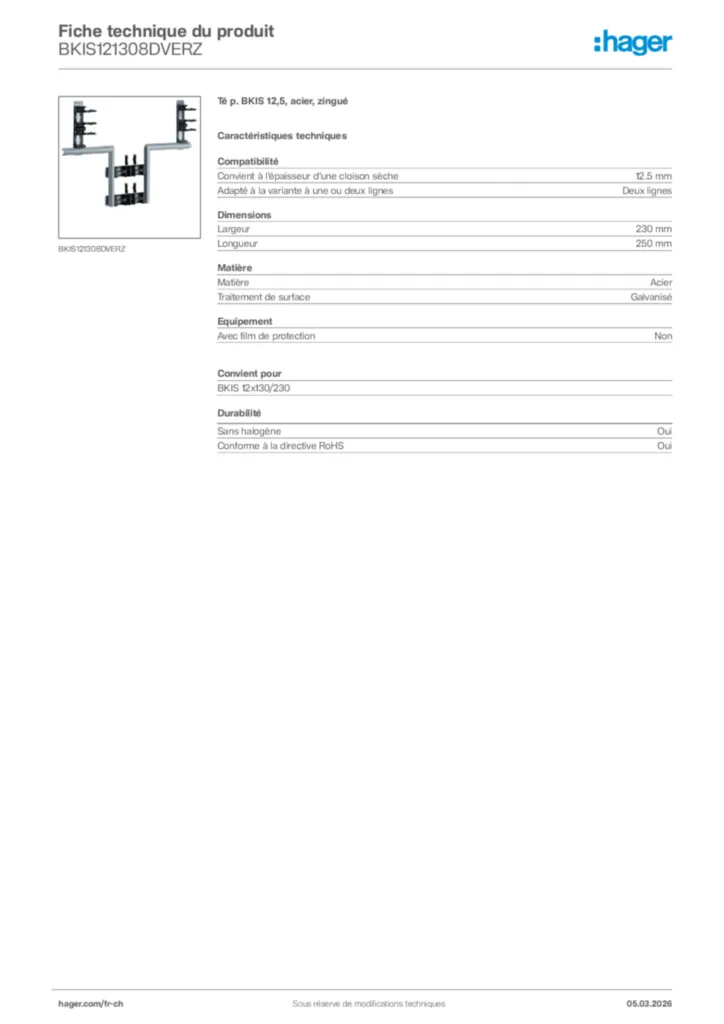 Image Hager Fiche technique du produit BKIS121308DVERZ | Hager Suisse