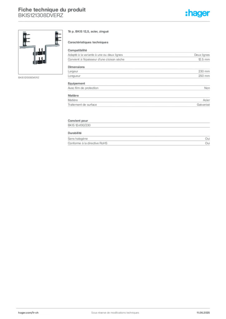 Image Hager Fiche technique du produit BKIS121308DVERZ | Hager Suisse