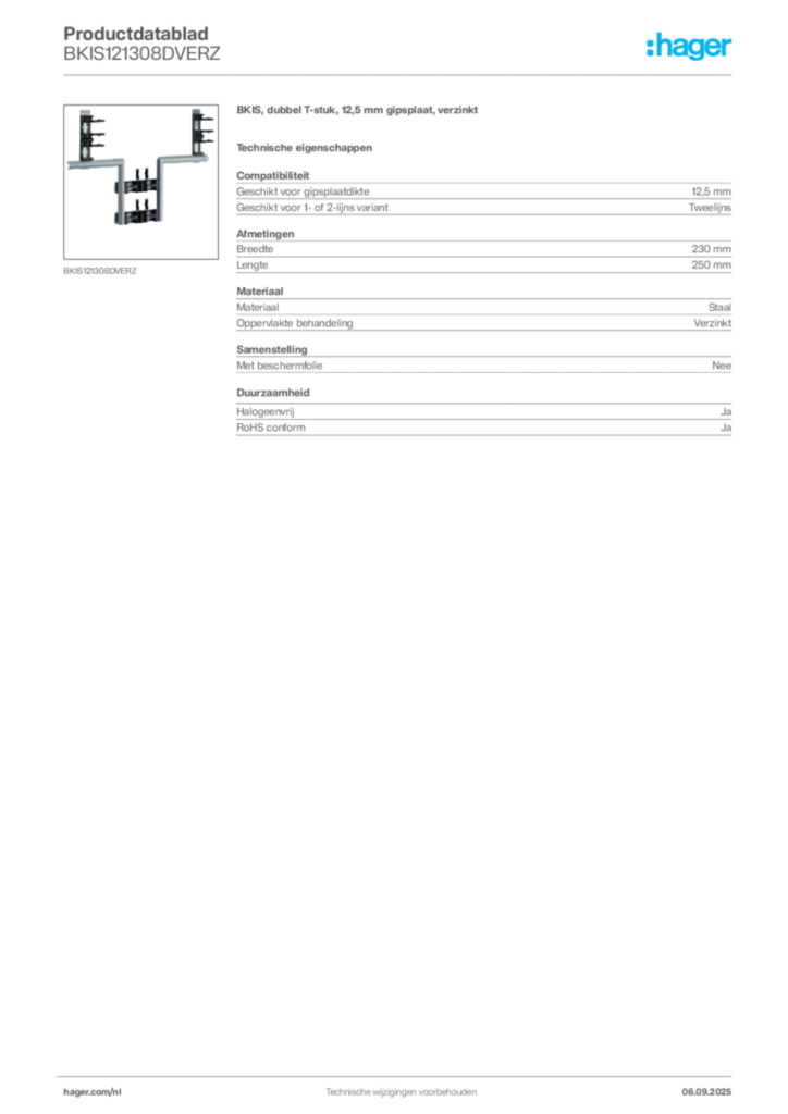 Afbeelding Hager Productdatablad BKIS121308DVERZ | Hager Nederland