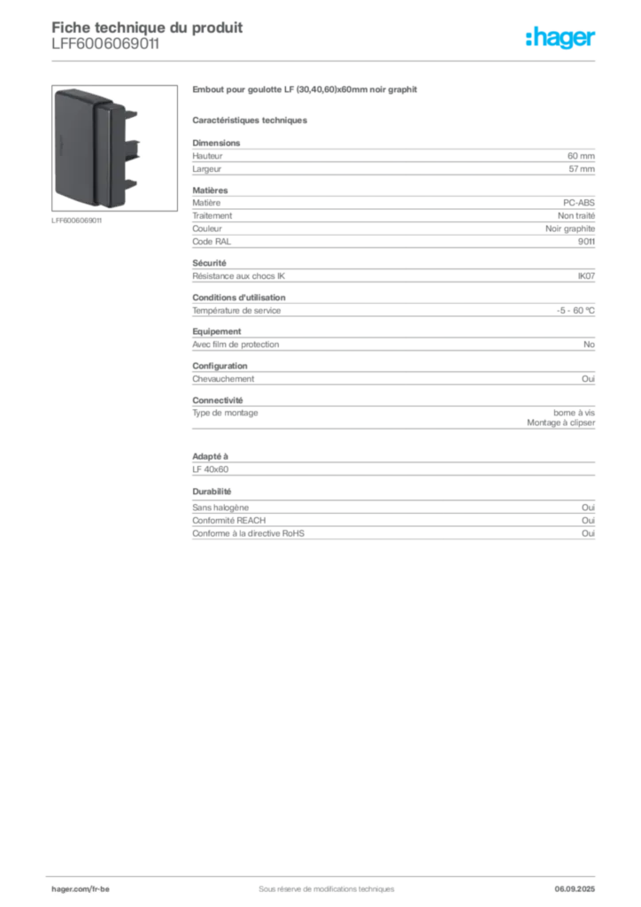 Image Hager Fiche technique du produit LFF6006069011 | Hager Belgique