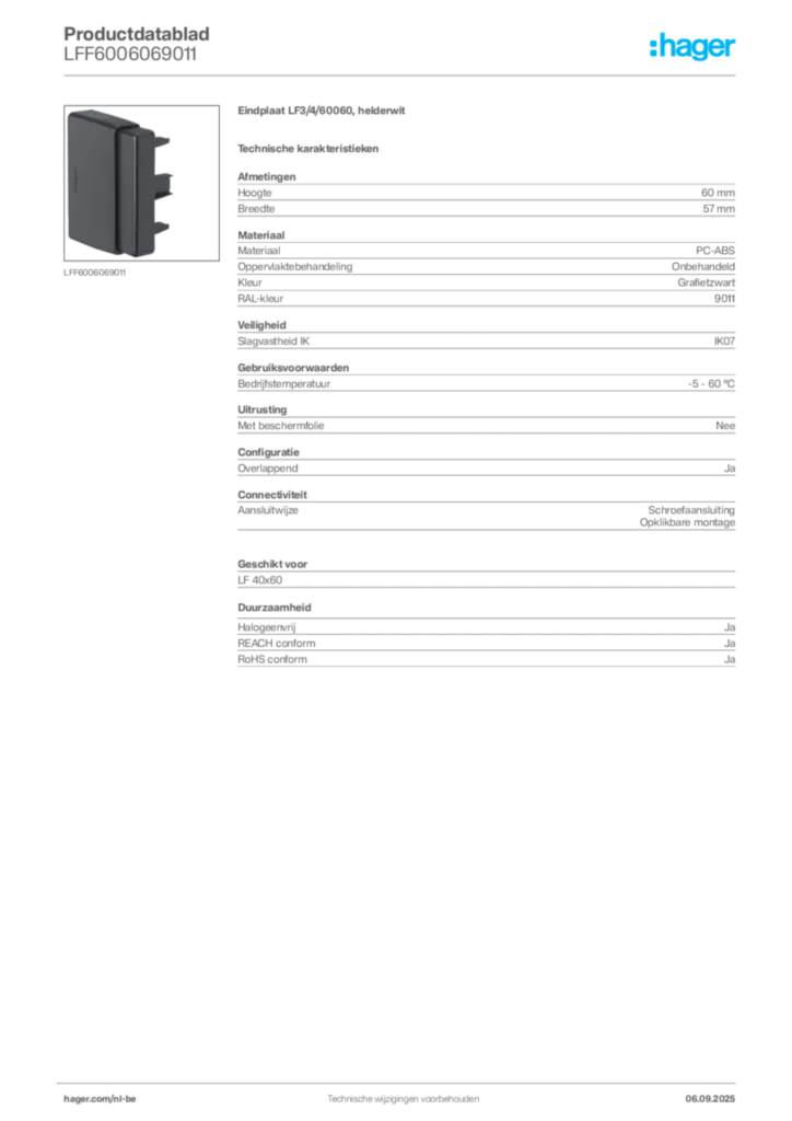 Afbeelding Hager Productdatablad LFF6006069011 | Hager Belgium