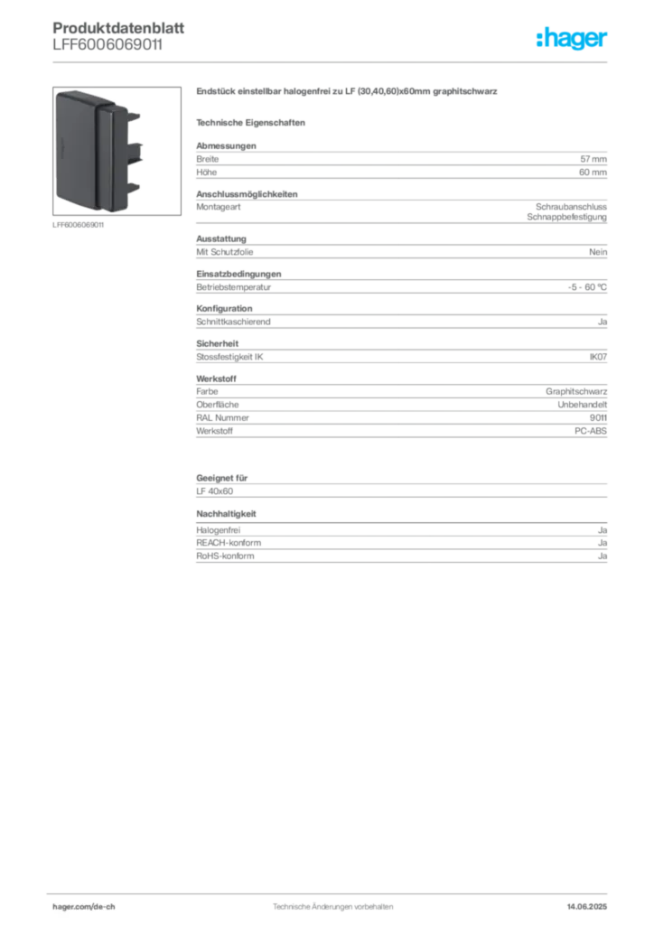 Bild Hager Produktdatenblatt LFF6006069011 | Hager Schweiz