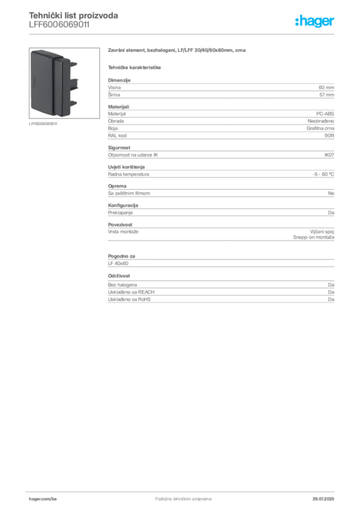 Slika Hager Product data sheet LFF6006069011  | Hager
