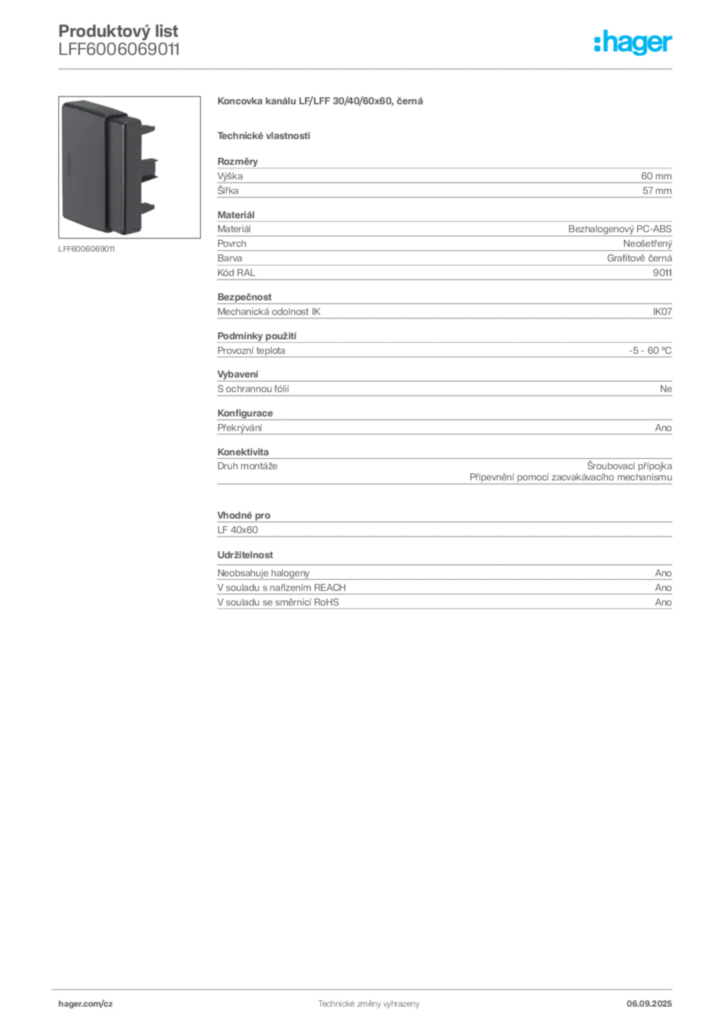 Obrázek Hager Produktový list LFF6006069011 | Hager