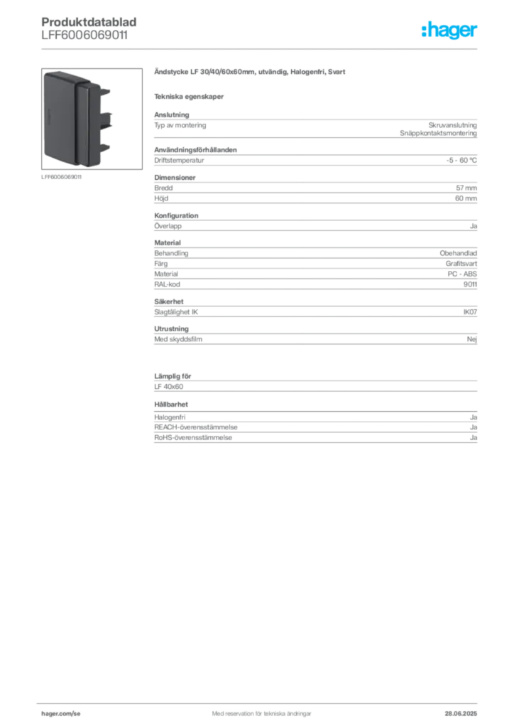 Bild Hager Produktdatablad LFF6006069011 | Hager Sverige
