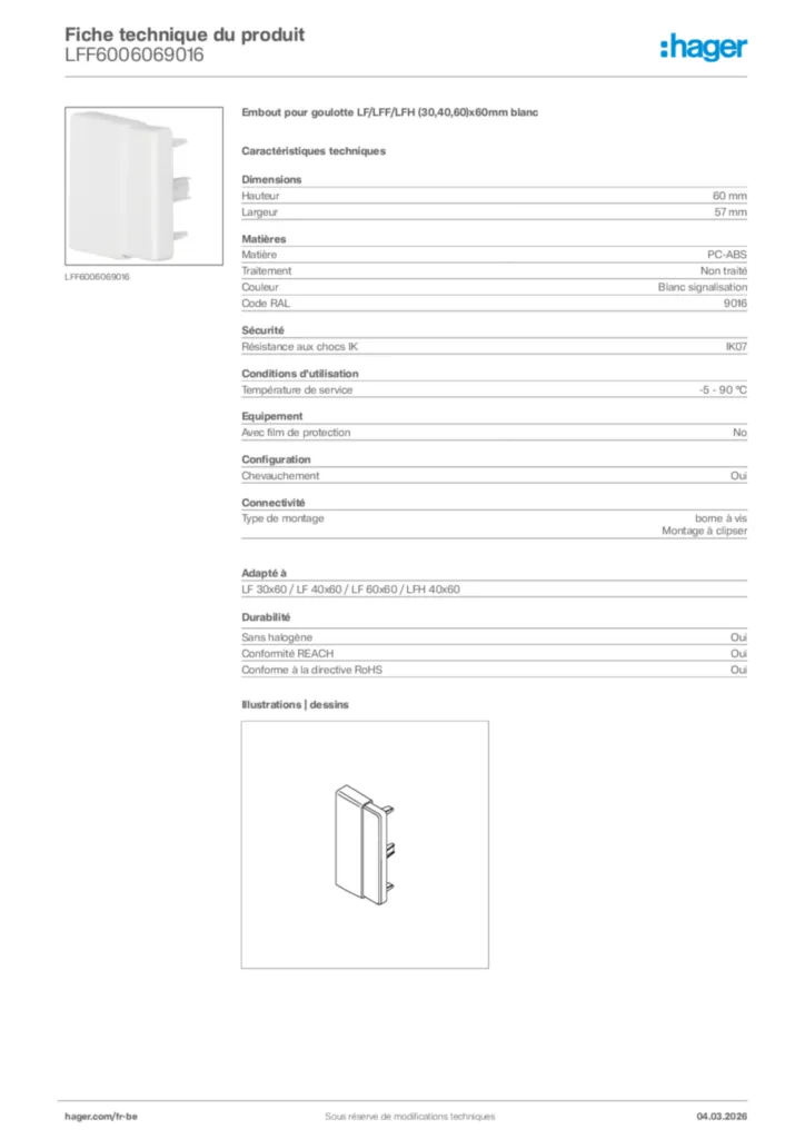 Image Hager Fiche technique du produit LFF6006069016 | Hager Belgique