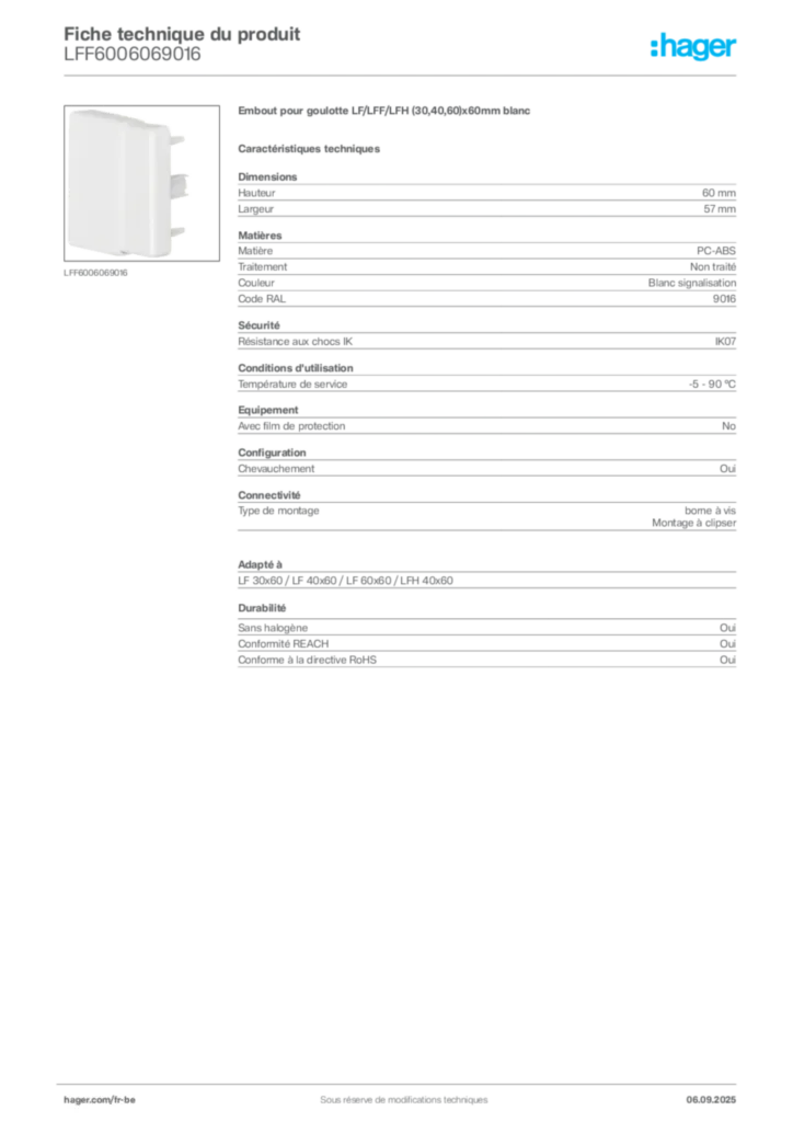 Image Hager Fiche technique du produit LFF6006069016 | Hager Belgique