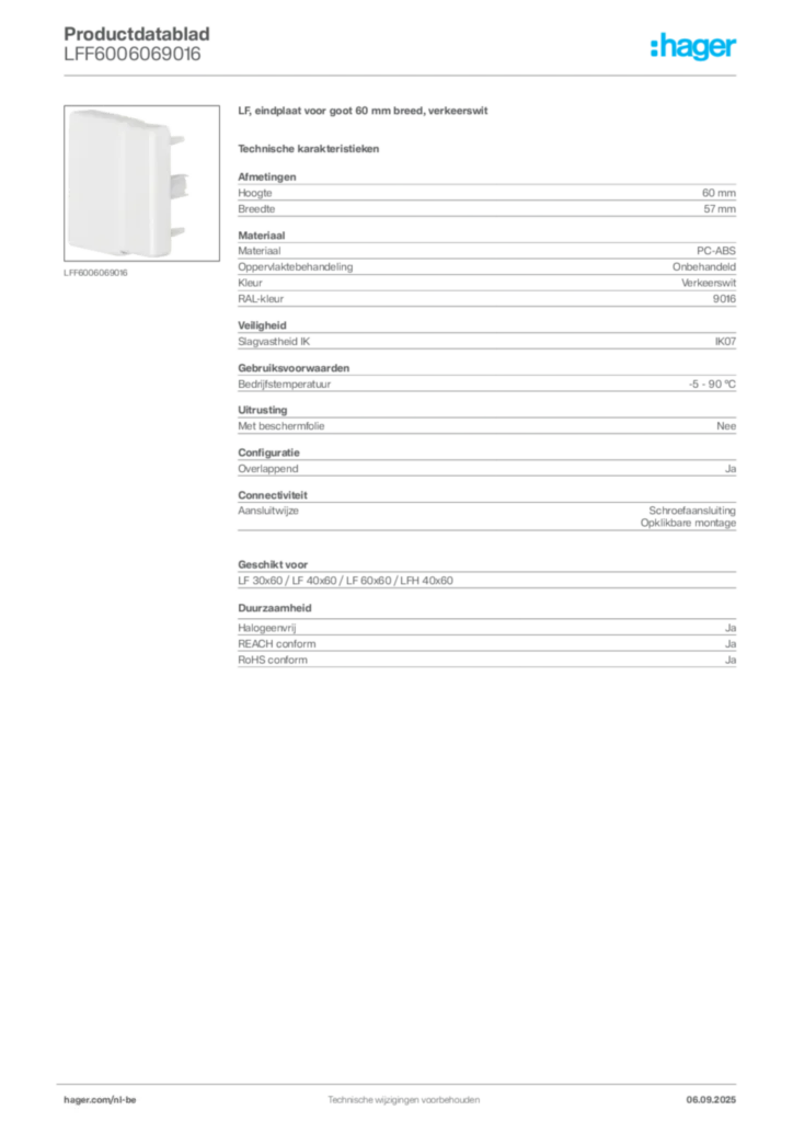 Afbeelding Hager Productdatablad LFF6006069016 | Hager Belgium