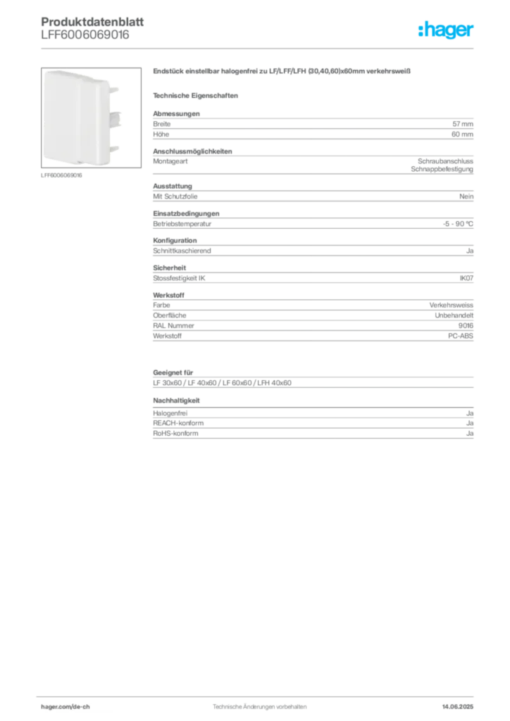 Bild Hager Produktdatenblatt LFF6006069016 | Hager Schweiz