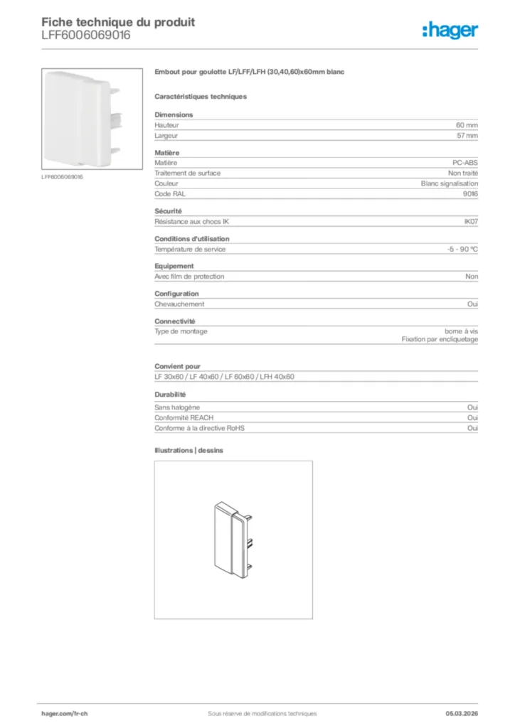 Image Hager Fiche technique du produit LFF6006069016 | Hager Suisse