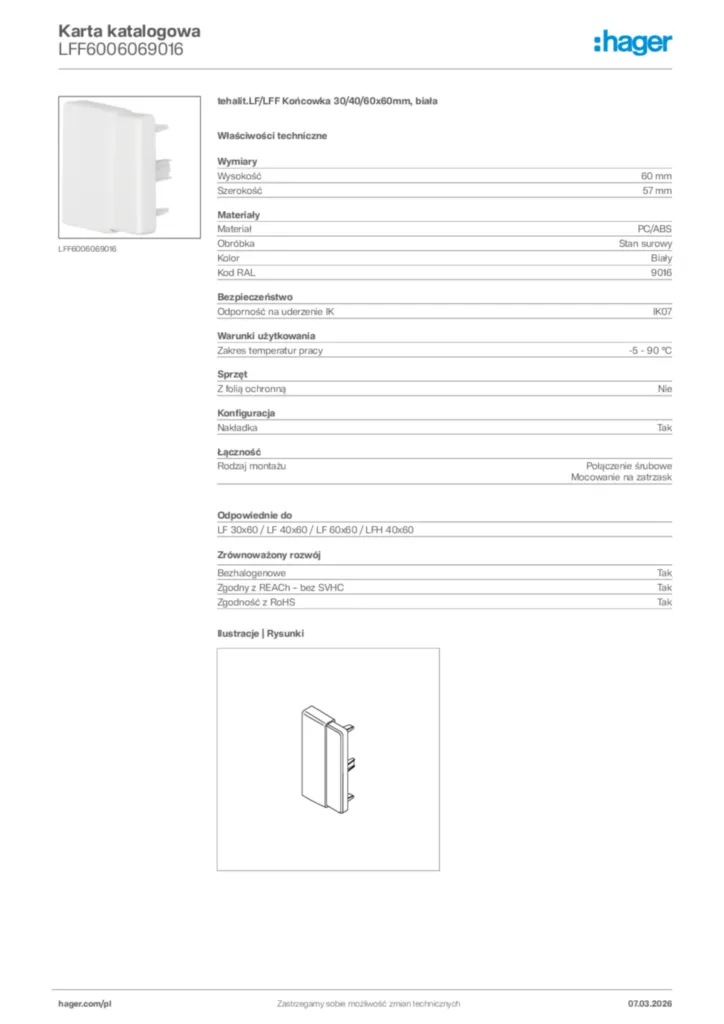 Zdjęcie Hager Karta katalogowa LFF6006069016 | Hager Polska