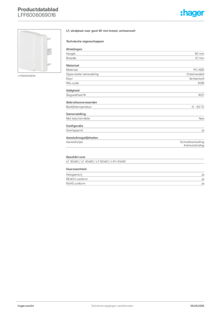 Afbeelding Hager Productdatablad LFF6006069016 | Hager Nederland
