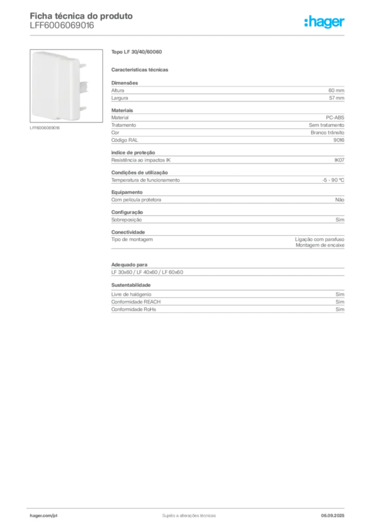 Imagem Hager Ficha técnica do produto LFF6006069016 | Hager Portugal
