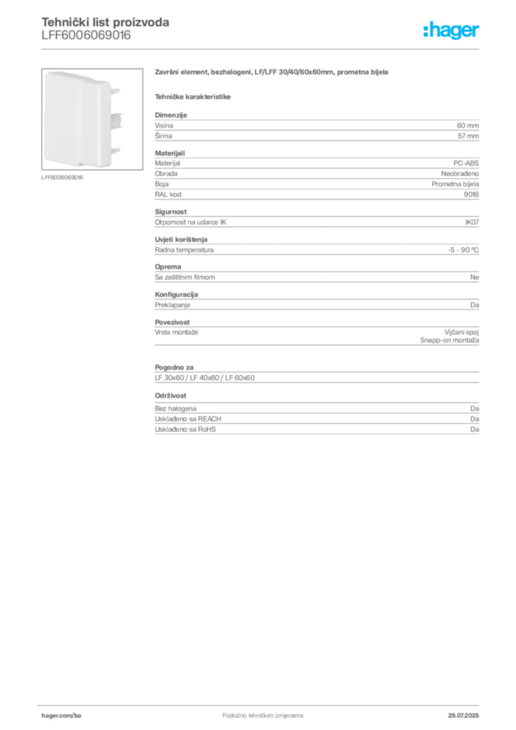 Slika Hager Product data sheet LFF6006069016  | Hager