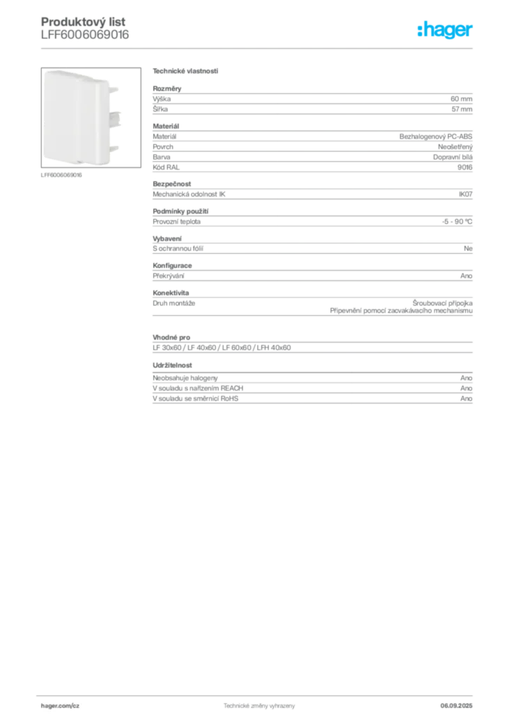 Obrázek Hager Produktový list LFF6006069016 | Hager
