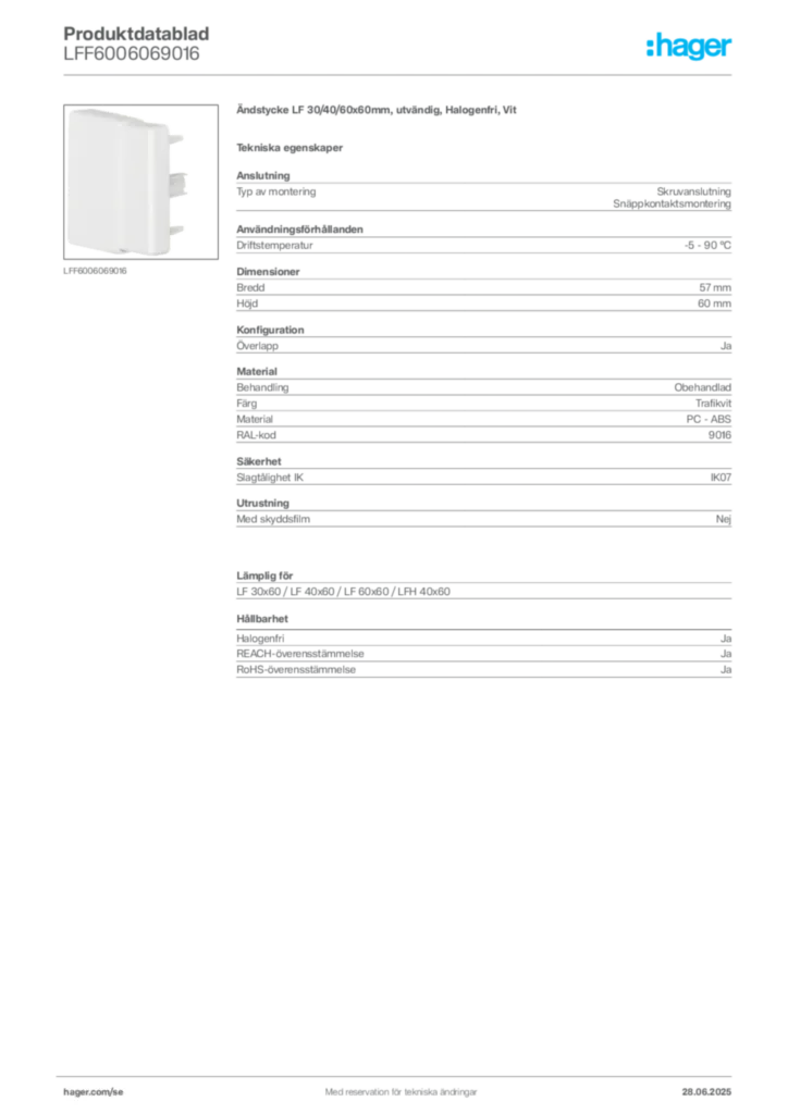 Bild Hager Produktdatablad LFF6006069016 | Hager Sverige