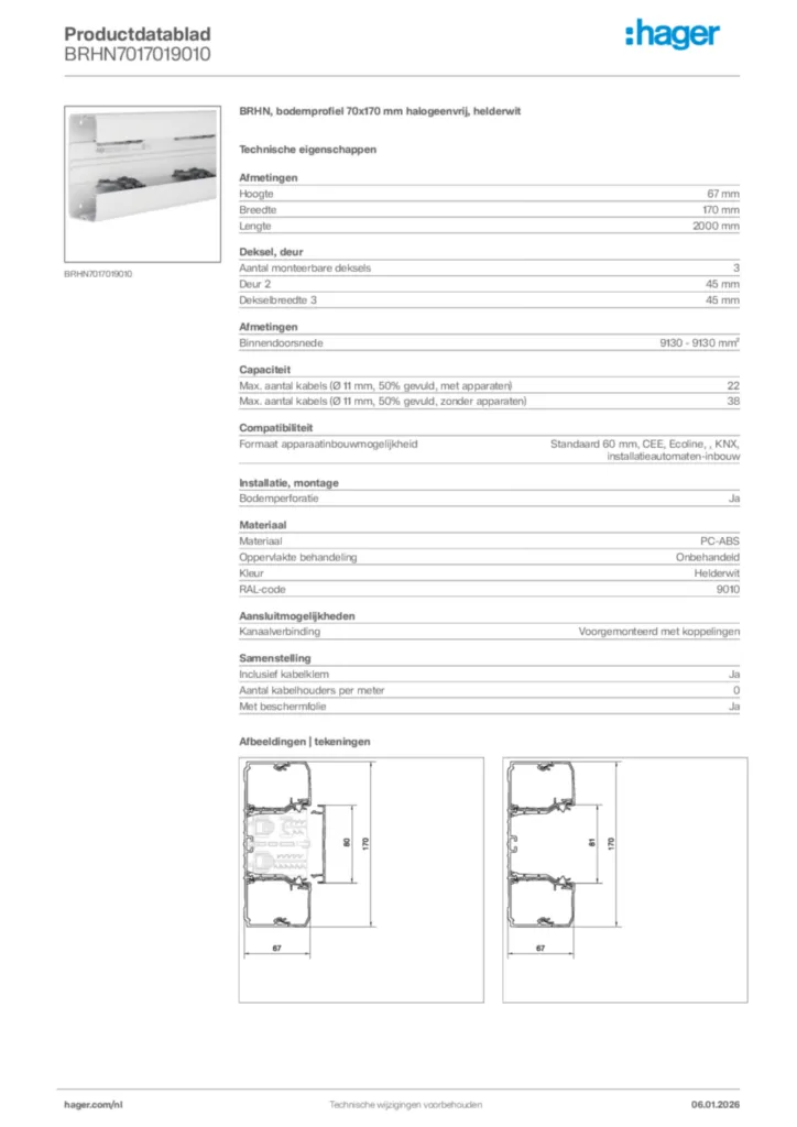 Afbeelding Hager Productdatablad BRHN7017019010 | Hager Nederland