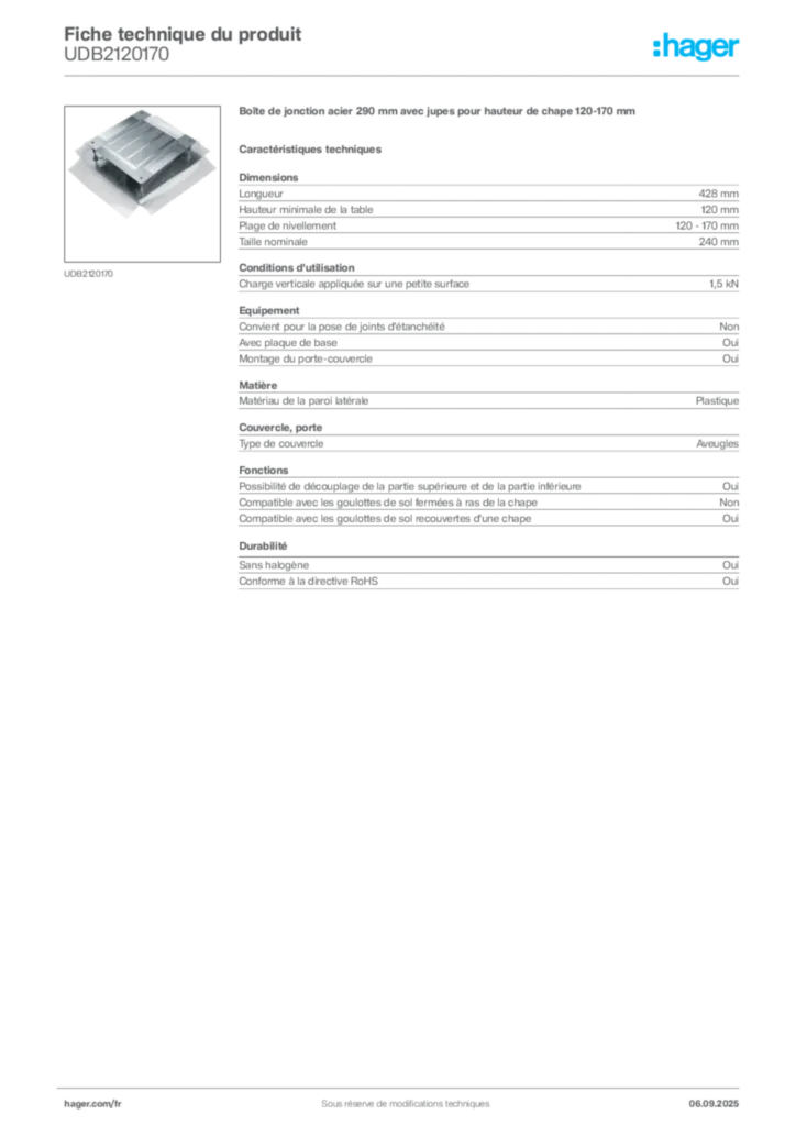 Image Hager Fiche technique du produit UDB2120170 | Hager France