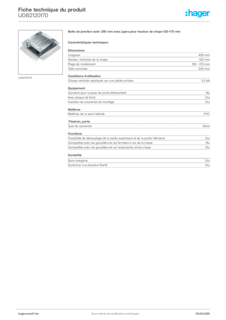Image Hager Fiche technique du produit UDB2120170 | Hager Belgique