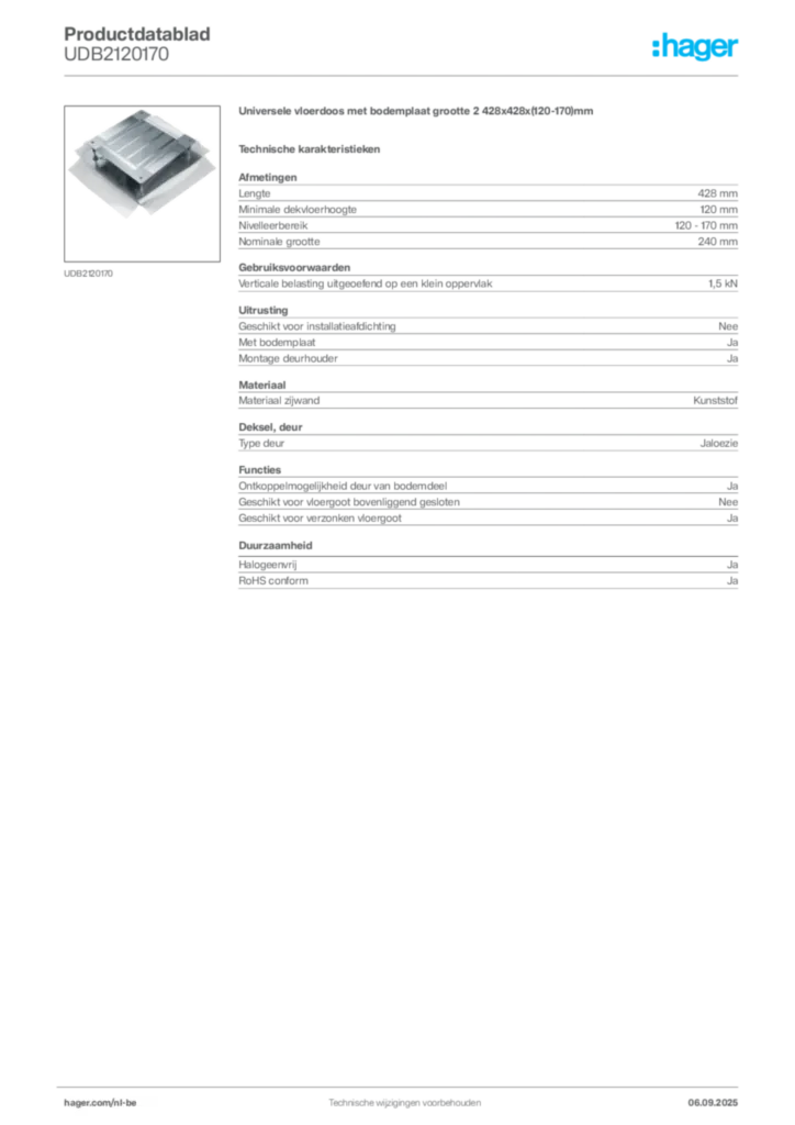 Afbeelding Hager Productdatablad UDB2120170 | Hager Belgium