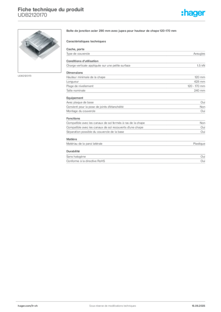 Image Hager Fiche technique du produit UDB2120170 | Hager Suisse