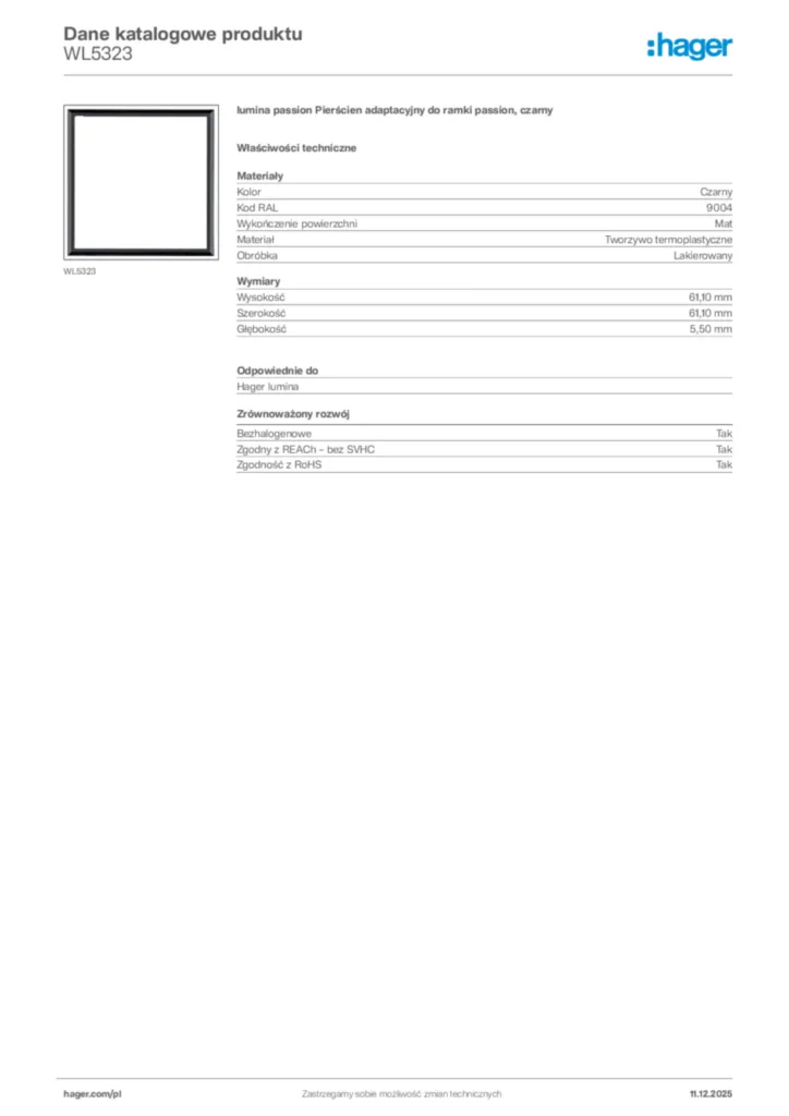 Zdjęcie Hager Dane katalogowe produktu WL5323 | Hager Polska