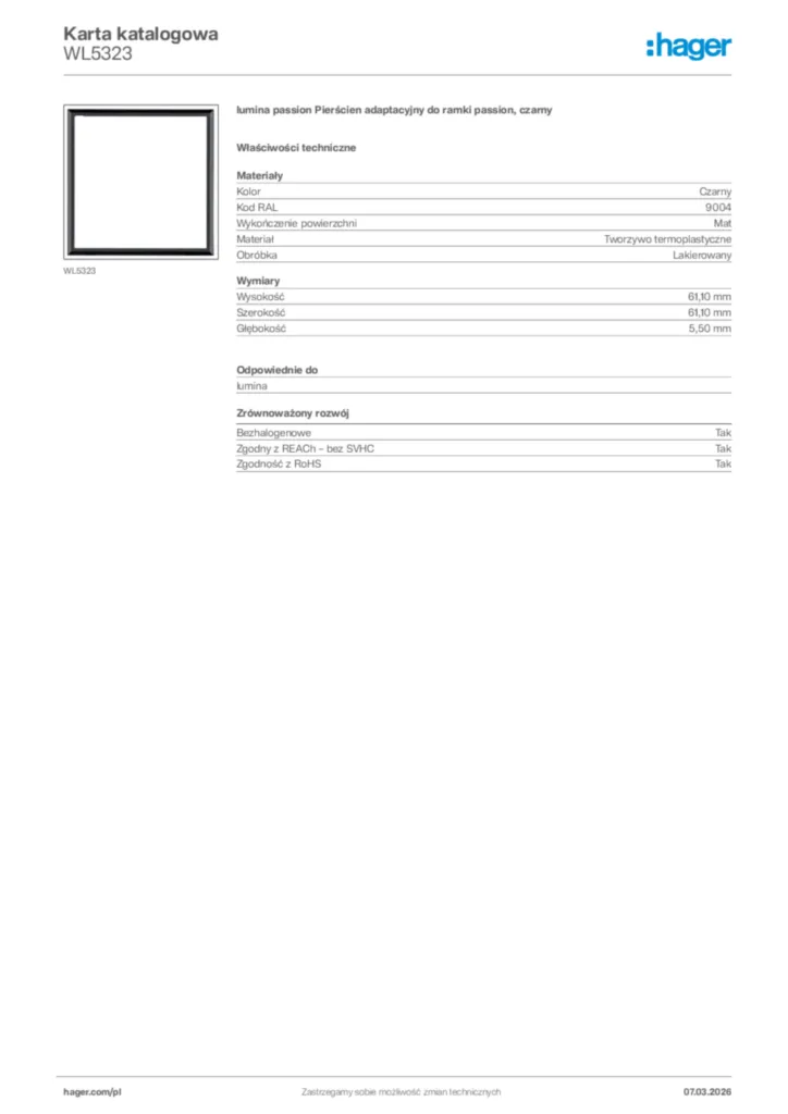 Zdjęcie Hager Karta katalogowa WL5323 | Hager Polska