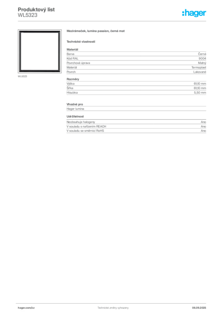 Obrázek Hager Produktový list WL5323 | Hager