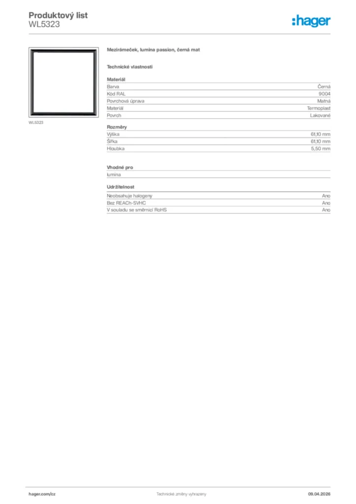 Obrázek Hager Product data sheet WL5323 | Hager